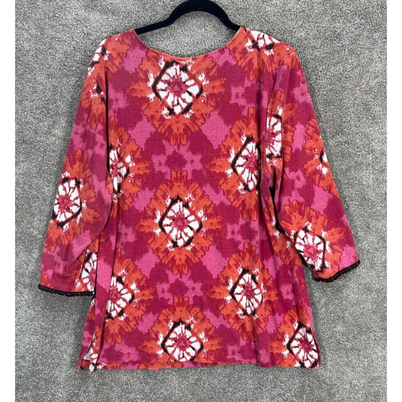 Karen Scott Top Womens 2X Pink Black Crochet Neckline 3/4 Sleeve Pullover Blouse - Picture 3 of 6